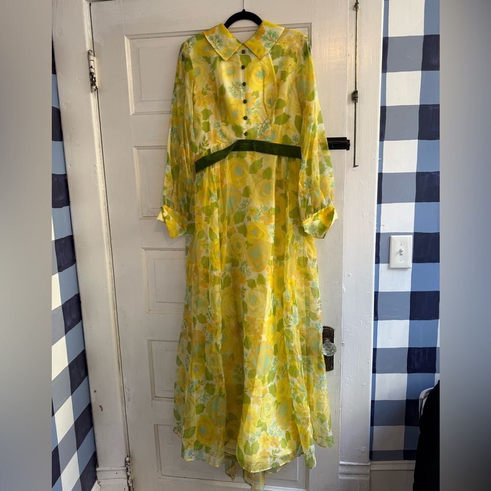 Vintage yellow and green floral formal long dress
